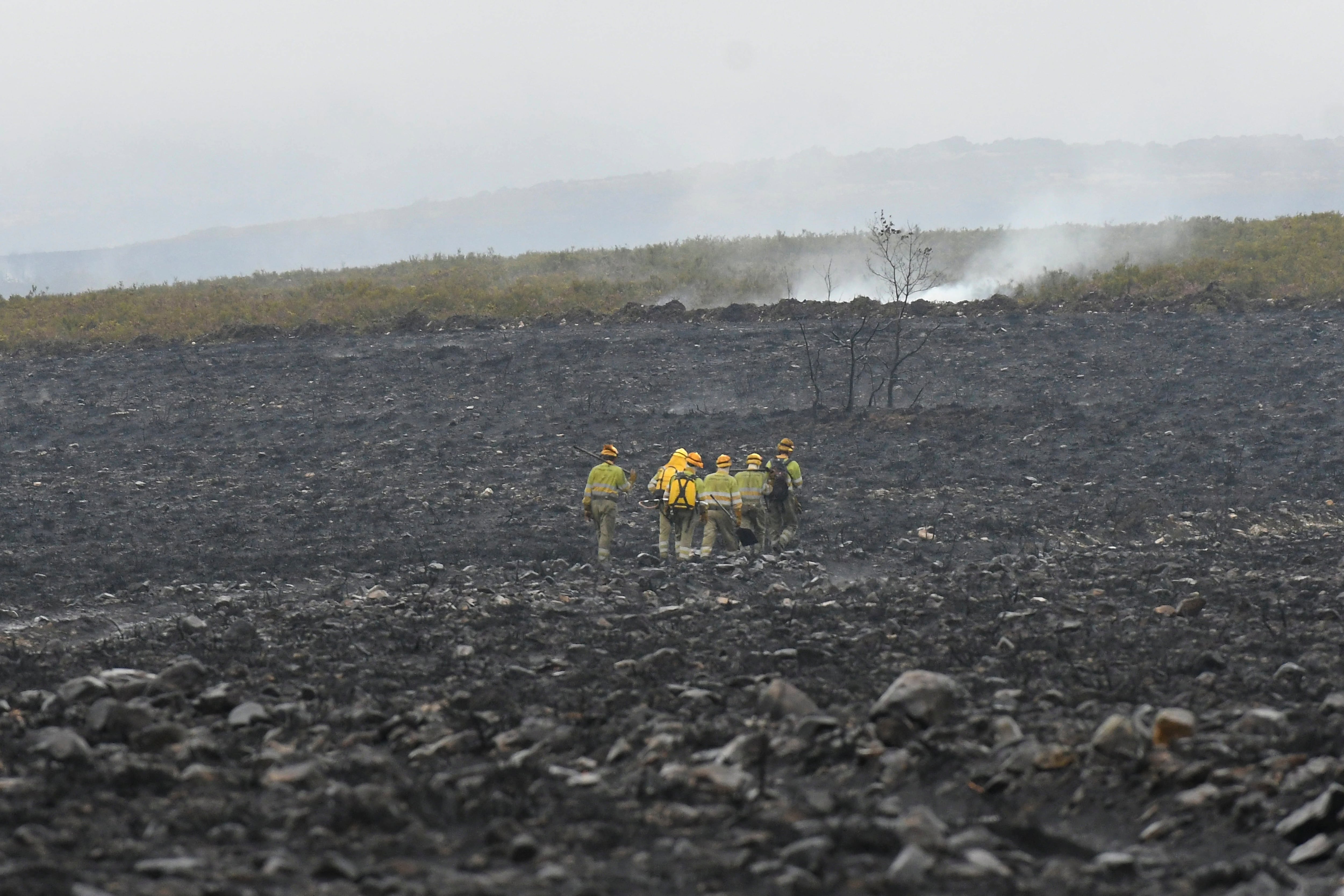 GRAF7489.BOISAN (LEÓN), 29/08/2022.- El incendio forestal declarado el pasado martes por un rayo en el campo de tiro y maniobras militares de El Teleno, en Luyego de Somoza (León), ha empeorado sensiblemente y se ha descontrolado, superando los cortafuegos establecidos a su alrededor, por lo que ha sido necesario movilizar a la Unidad Militar de Emergencias (UME). En la imagen, brigadistas en la zona afectada por el incendio, en Boisán (León). EFE/ J.Casares
