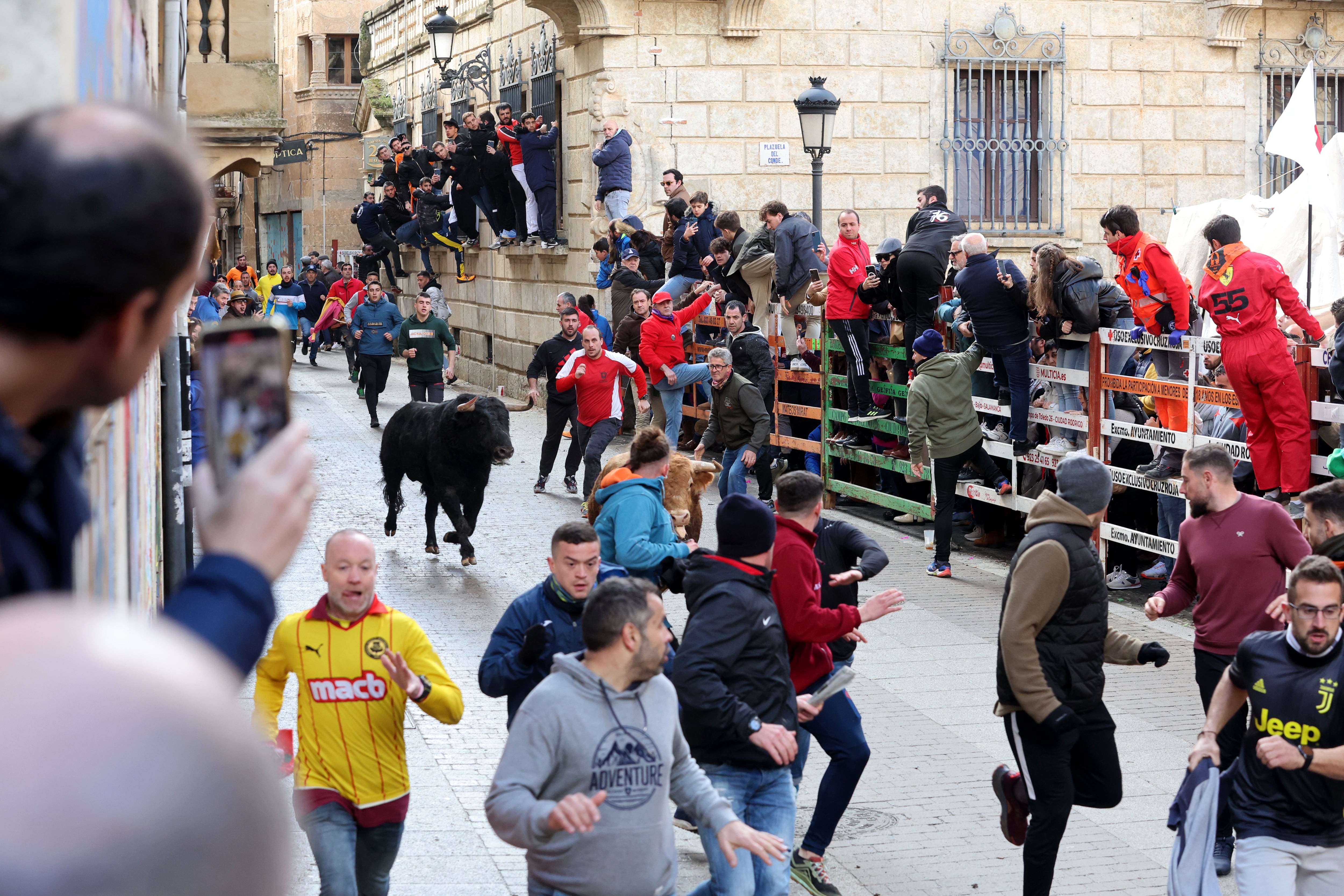 SALAMANCA, 12/02/2024.- Varios mozos corren delante de uno de los astados durante el tercer y penúltimo encierro urbano del Carnaval del Toro de Ciudad Rodrigo que ha finalizado este lunes con cinco personas heridas, una de ellas por asta de toro. EFE/ JM García
