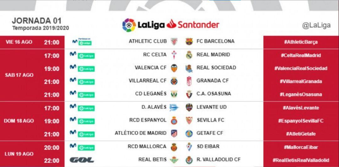 Horarios primera jornada Liga 19-20.