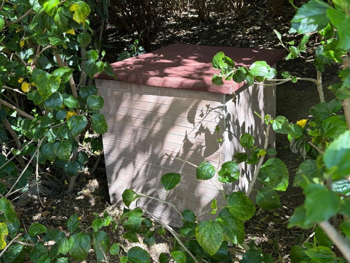 Una caseta comedero para una colonia felina instalada en un parque de València.