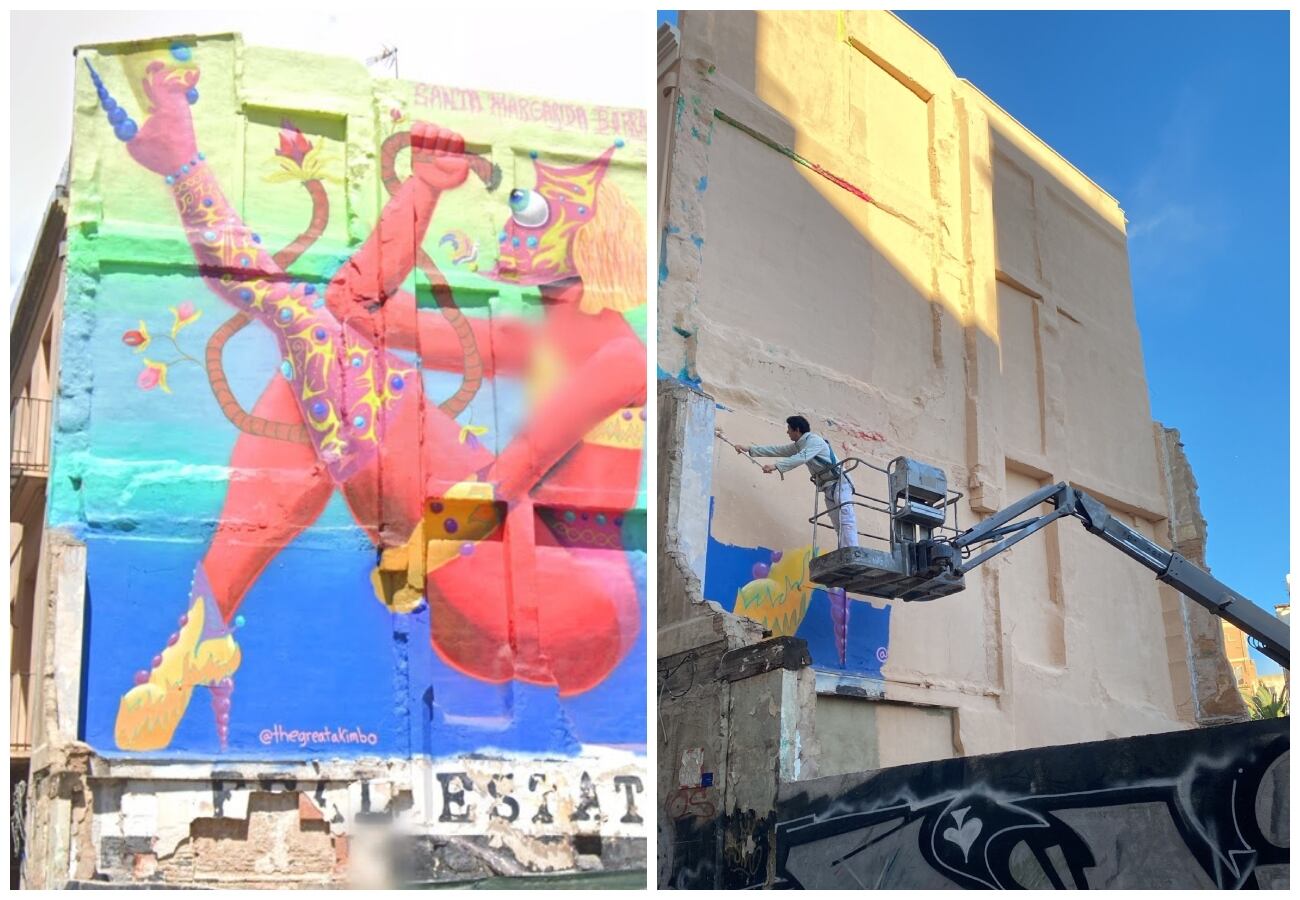 Antes y después del mural de Akimbo pintado en memoria de Margarida Borràs, primer mujer trans asesinada en València