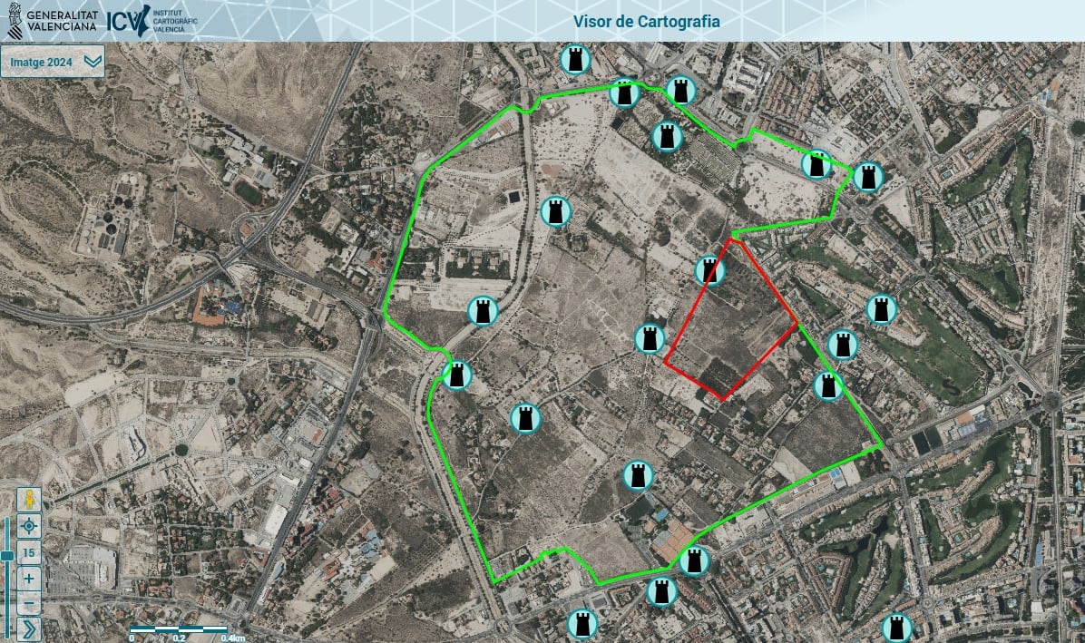 Zona afectada por la protección de las torres de la huerta en la que se ubicaría la futura ciudad deportiva del Hércules CF
