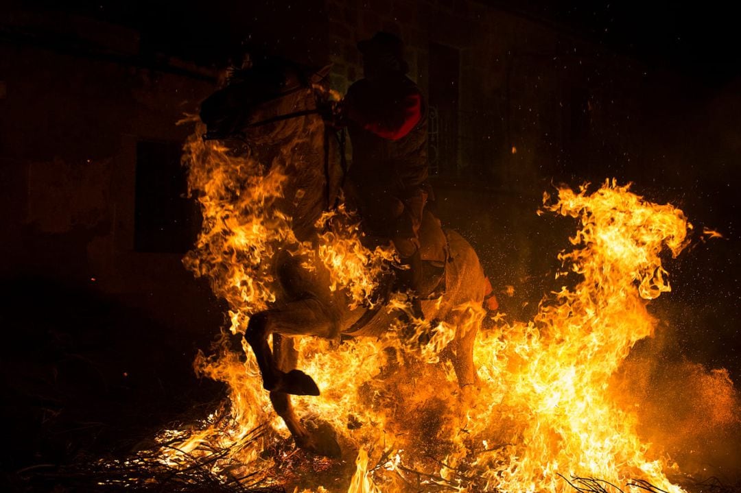 Un caballo atraviesa una de las hogueras en la Fiesta de las Luminarias de 2019