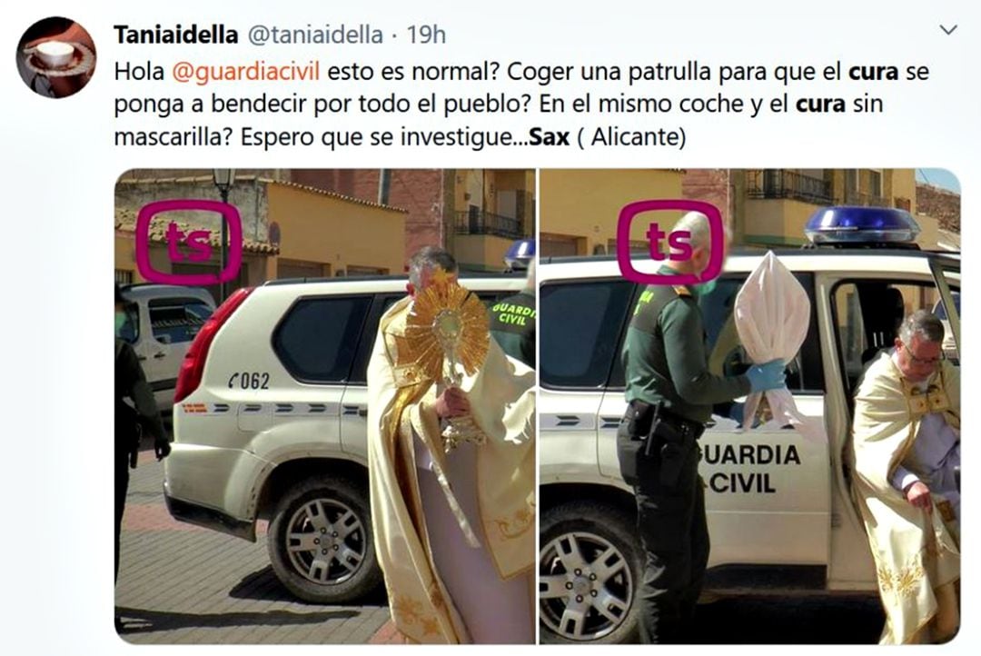 El párroco de Sax recorre las calles del pueblo para ahuyentar el coronavirus escoltado por la Guardia Civil