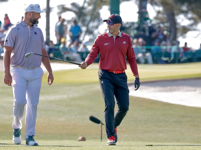 AUGUSTA (United States), 12/04/2026.- Jon Rahm (L) and Sergio Garcia (R) of Spain walk off the tee on the third hole during the final round of the 2026 Masters Tournament at the Augusta National Golf Club in Augusta, Georgia, USA, 12 April 2026. (España) EFE/EPA/ERIK S. LESSER