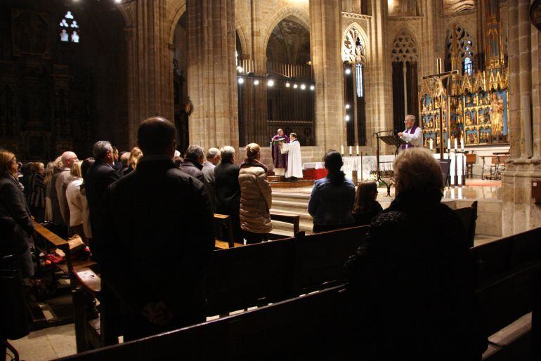Els creients segueixen la missa oficiada a la catedral de Tortosa pel Bisbe Enric Benavent, una homilia de pregària per les víctimes de l'accident de Freginals, el 22 de març de 2016. (horitzontal)