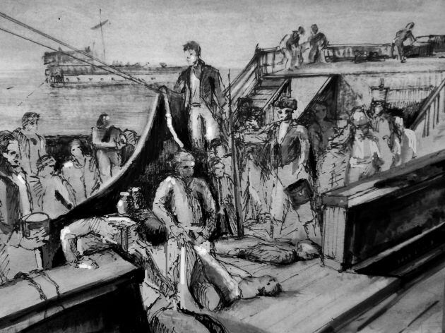 Recreación de la cubierta de un pontón con prisioneros a bordo