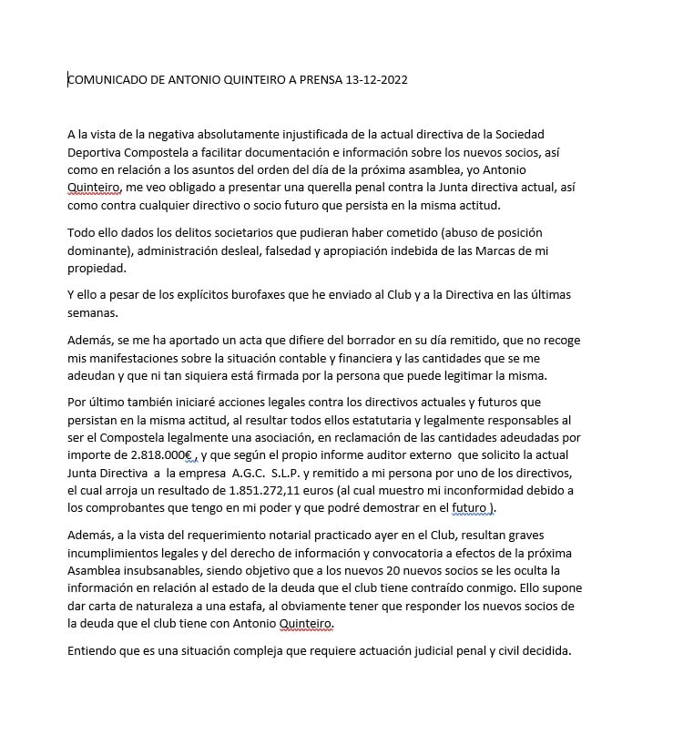 Comunicado de Antonio Quinteiro en el que anuncia las medidas que emprende contra la actual directiva