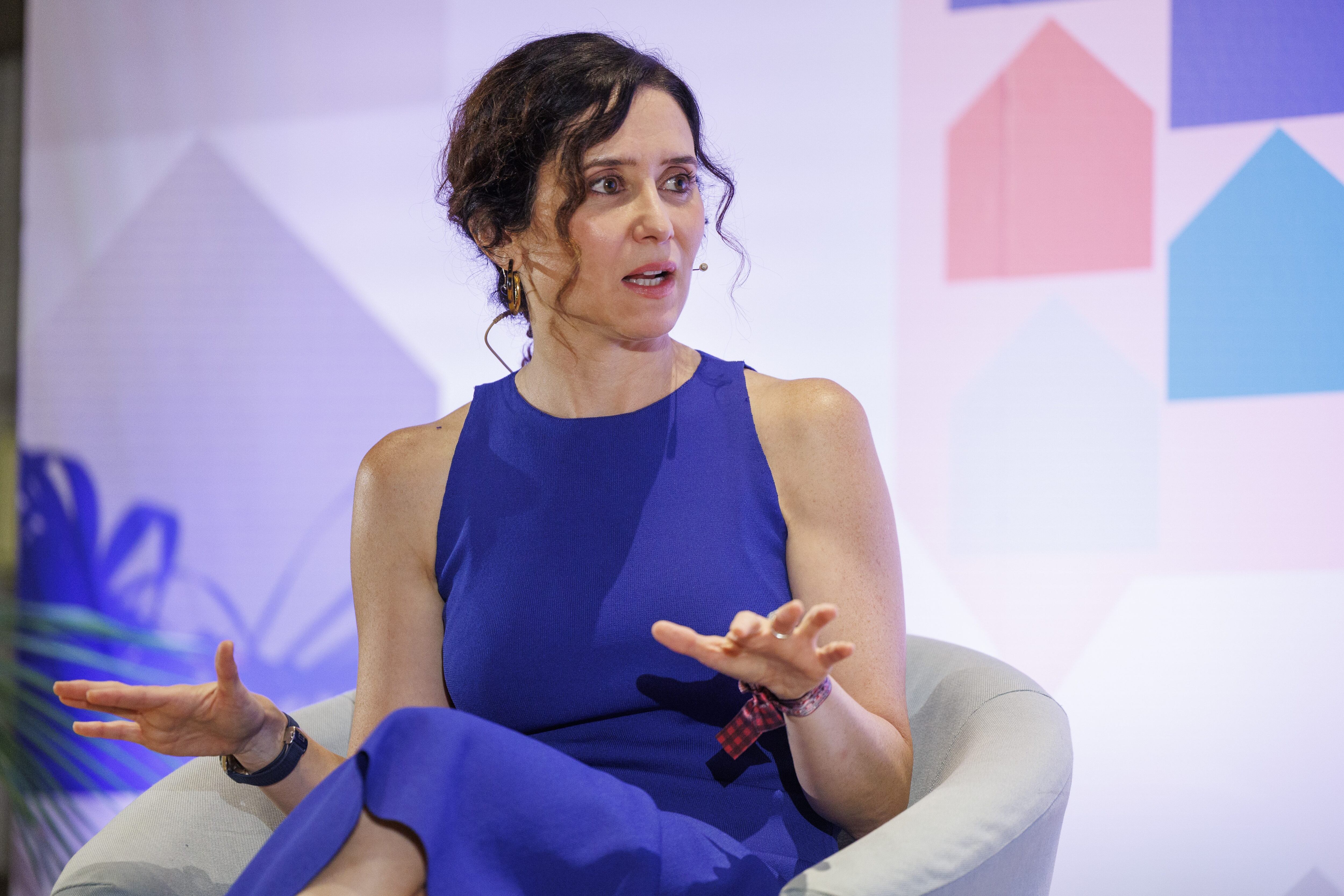 La presidenta de la Comunidad de Madrid, Isabel Díaz Ayuso, durante su participación este martes en el ciclo &quot;Vecinos y amigos&quot;, organizado por Heraldo de Aragón.
