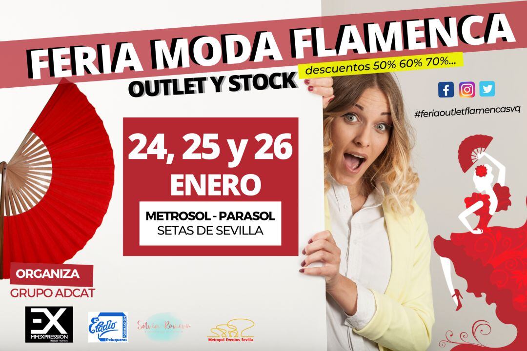 Cartel de la I Feria de Moda Flamenca de Outlet y Stock que se celebra en las Setas de Sevilla