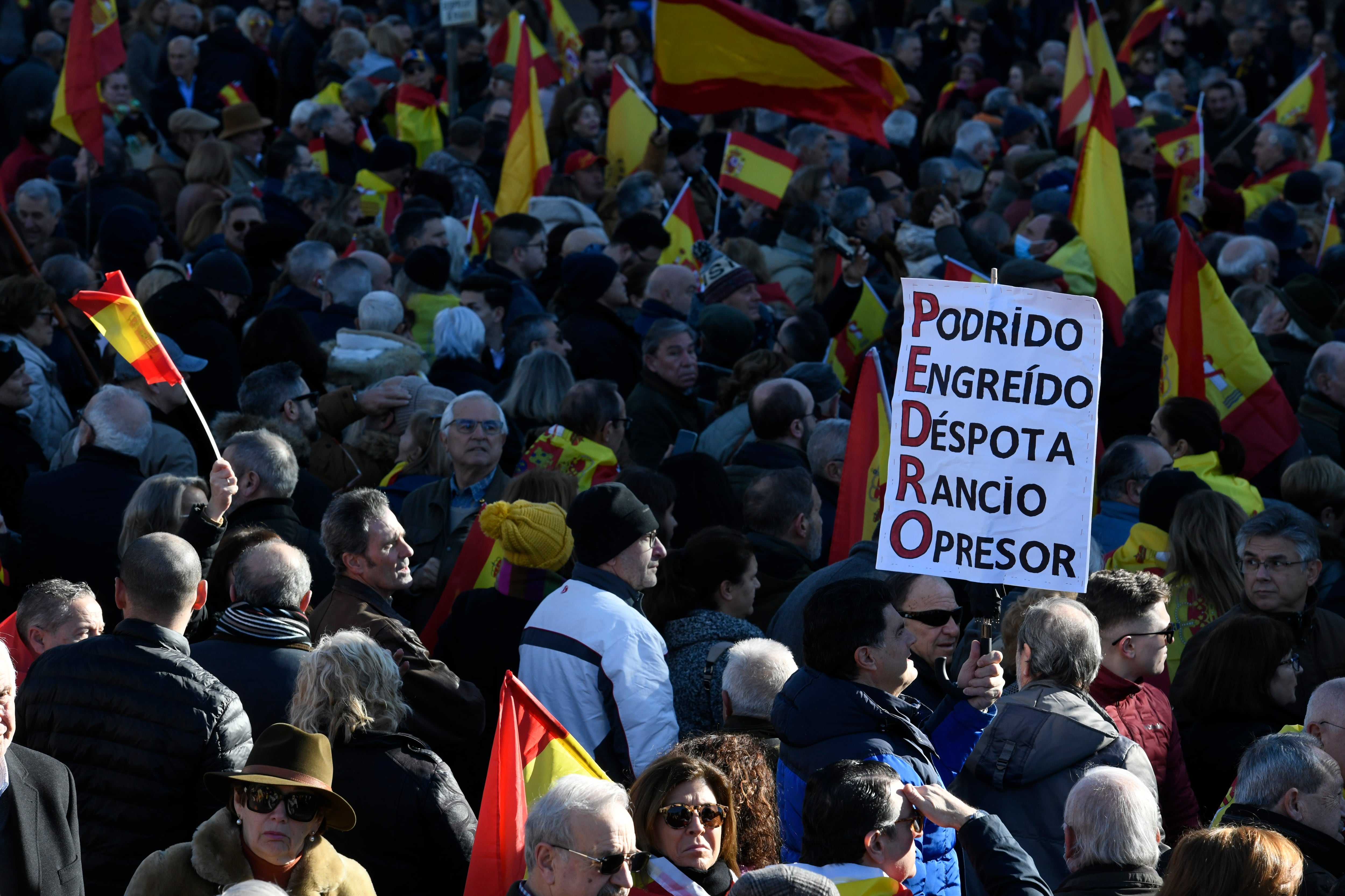 MADRID, 21/01/2023.- Miles de personas llenan esta sábado la plaza de Cibeles de Madrid con banderas de España, convocadas por diversas asociaciones para protestar contra el Gobierno de Pedro Sánchez y &quot;en defensa&quot; de la Constitución. EFE/Víctor Lerena
