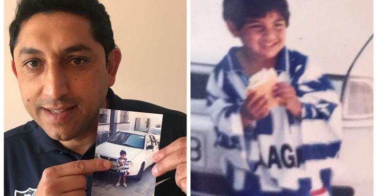 Basti sostiene una foto en la que se ve a Juan Carlos cuando era un niño con la camiseta del Málaga CF.