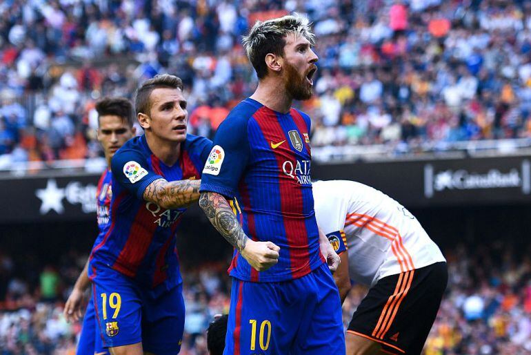 La reacción de Messi tras la celebración en Mestalla.