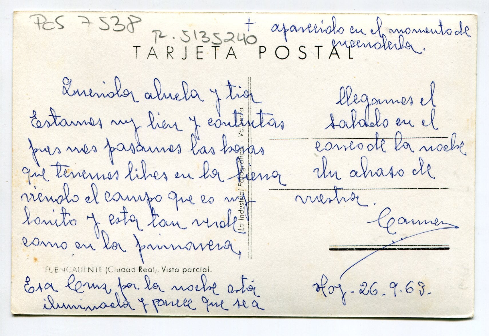 Reverso postal circulada desde Fuencaliente ( Ciudad Real) en 1963