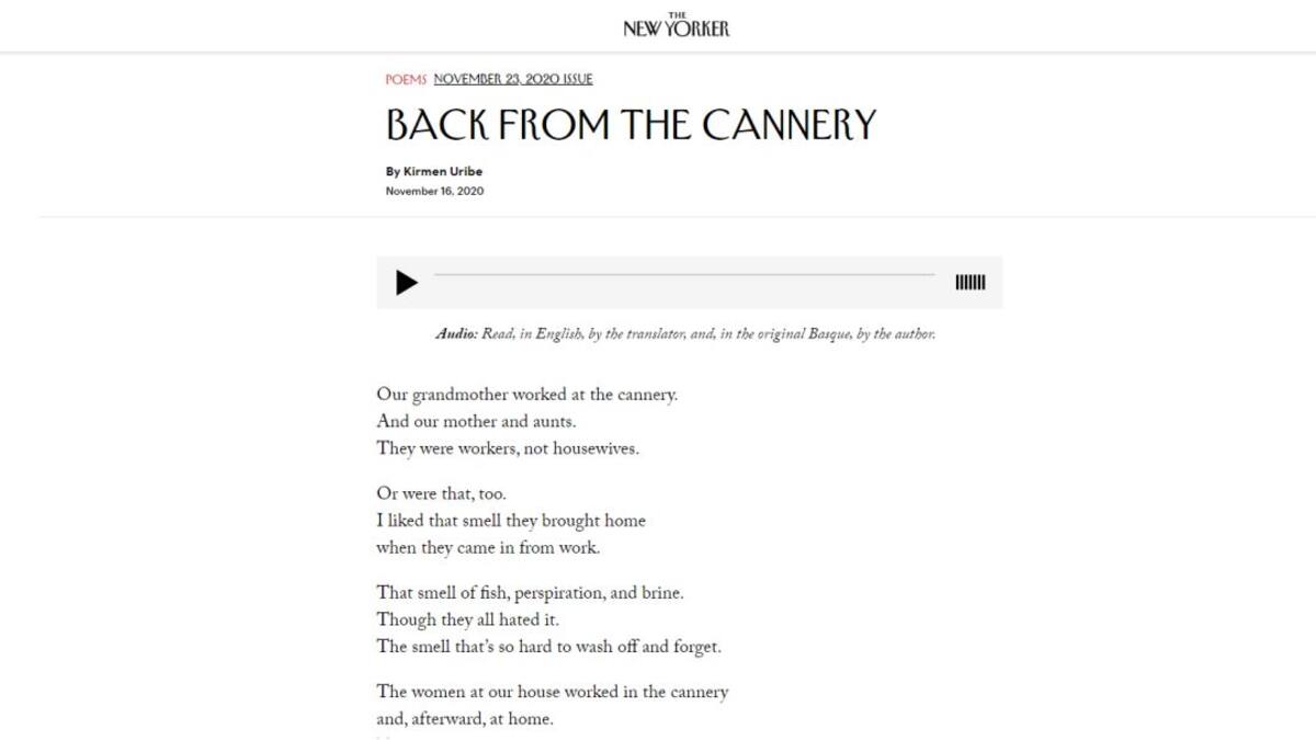 'The New Yorker' publica por primera vez un poema traducido del euskera