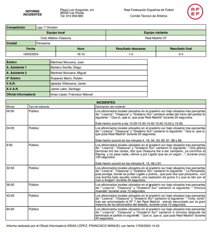 Este es el informe del Osasuna-Real Madrid sobre los incidentes en la grada de El Sadar.