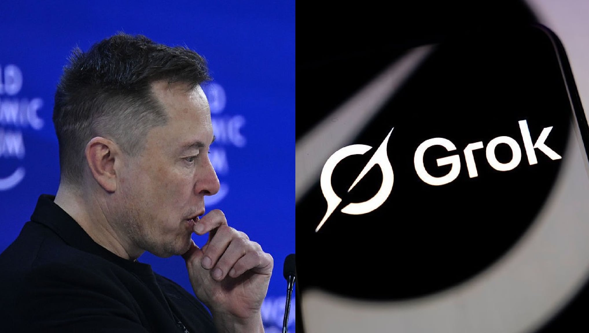 El magnate Elon Musk y el logo de la Inteligencia Artificial de X, Grok