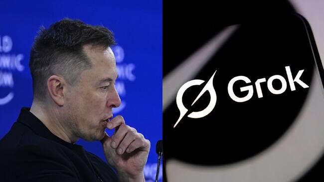 El magnate Elon Musk y el logo de la Inteligencia Artificial de X, Grok