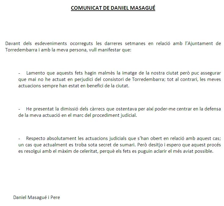 L&#039;escuet comunicat de l&#039;exalcalde de Torredembarra Daniel Massagué