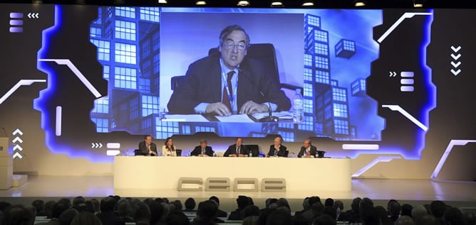 El presidente de la CEOE, Juan Rosell, durante su intervención ante la asamblea general anual de la CEOE.