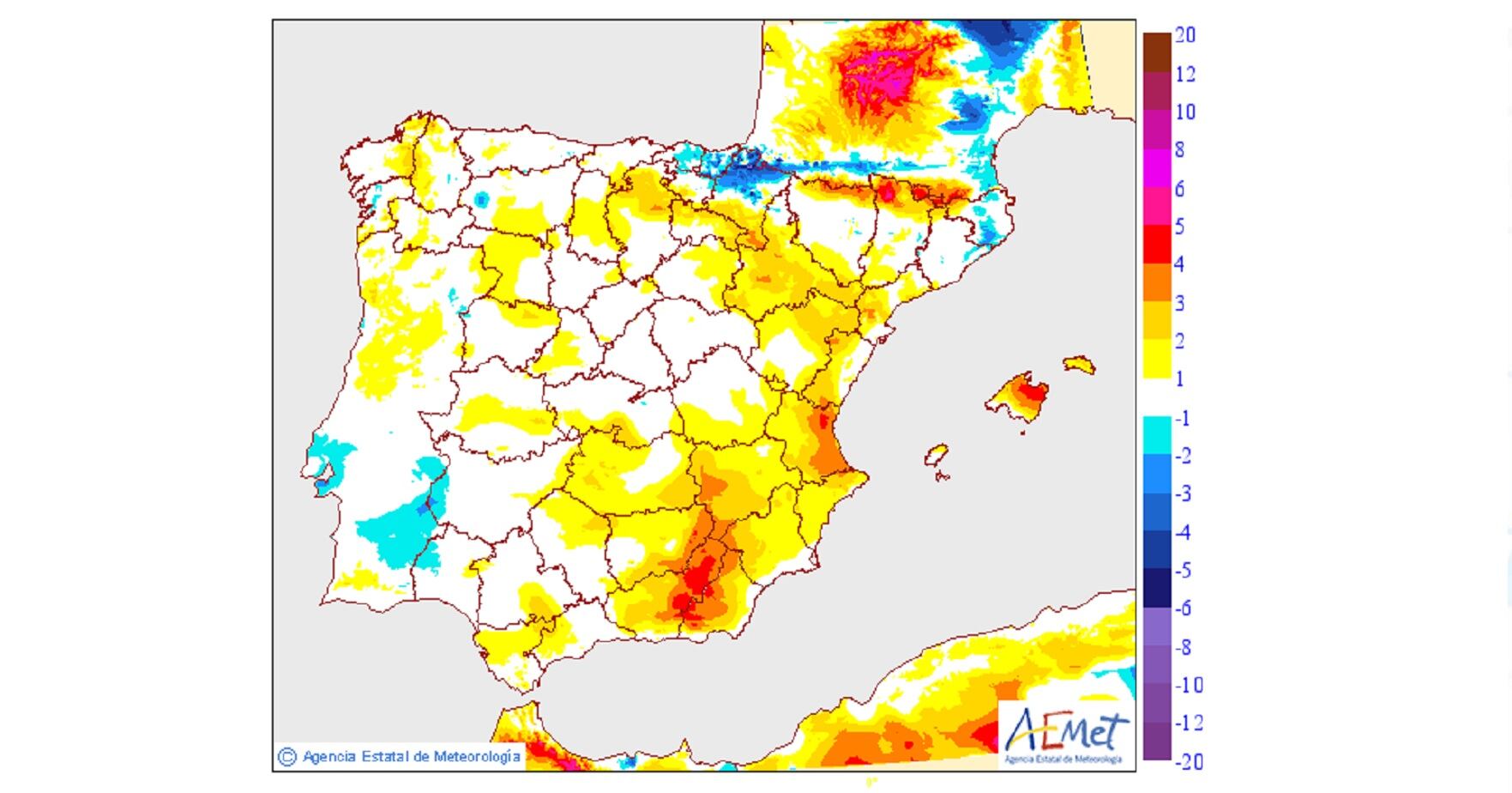 Temperaturas máximas y mínimas en la Península y Baleares para este lunes.