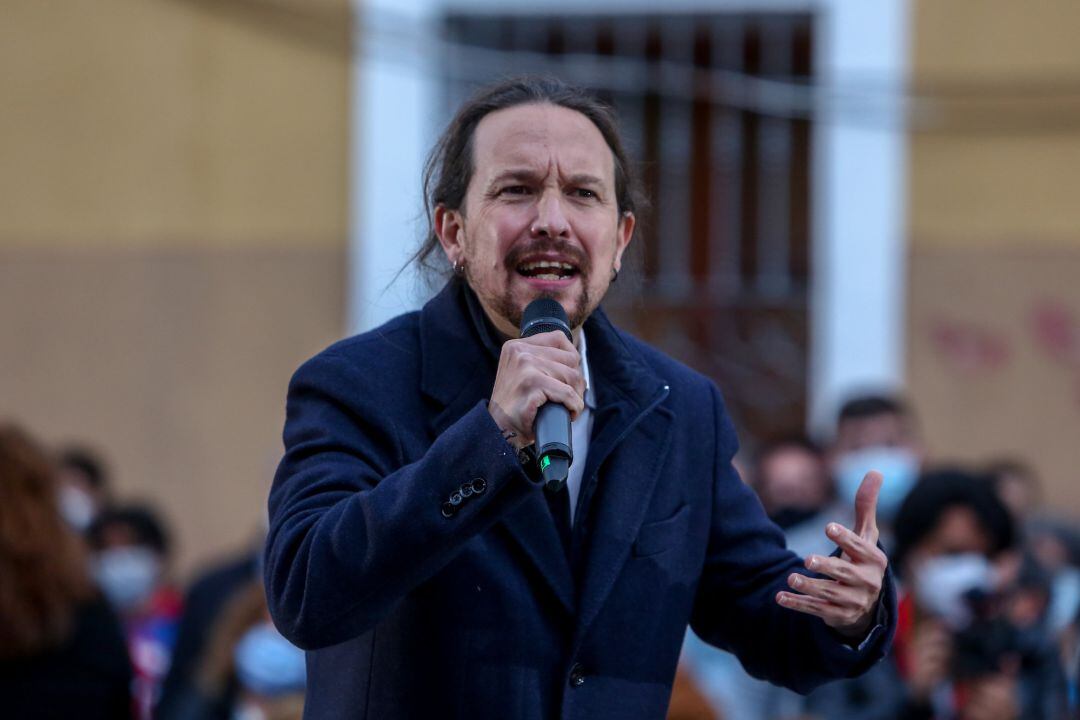 El candidato de Unidas Podemos a la Presidencia de la Comunidad, Pablo Iglesias durante un acto del partido a 23 de abril de 2021 en el distrito de Villaverde, en Madrid (España).