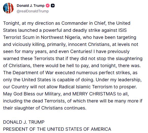 Mensaje de Trump sobre el ataque en Nigeria