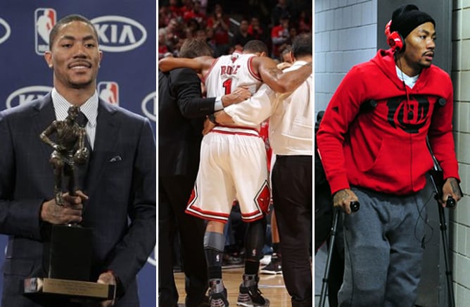 Los tres momentos más importantes de la carrera de Rose, su 'MVP', la primera lesión y la segunda.