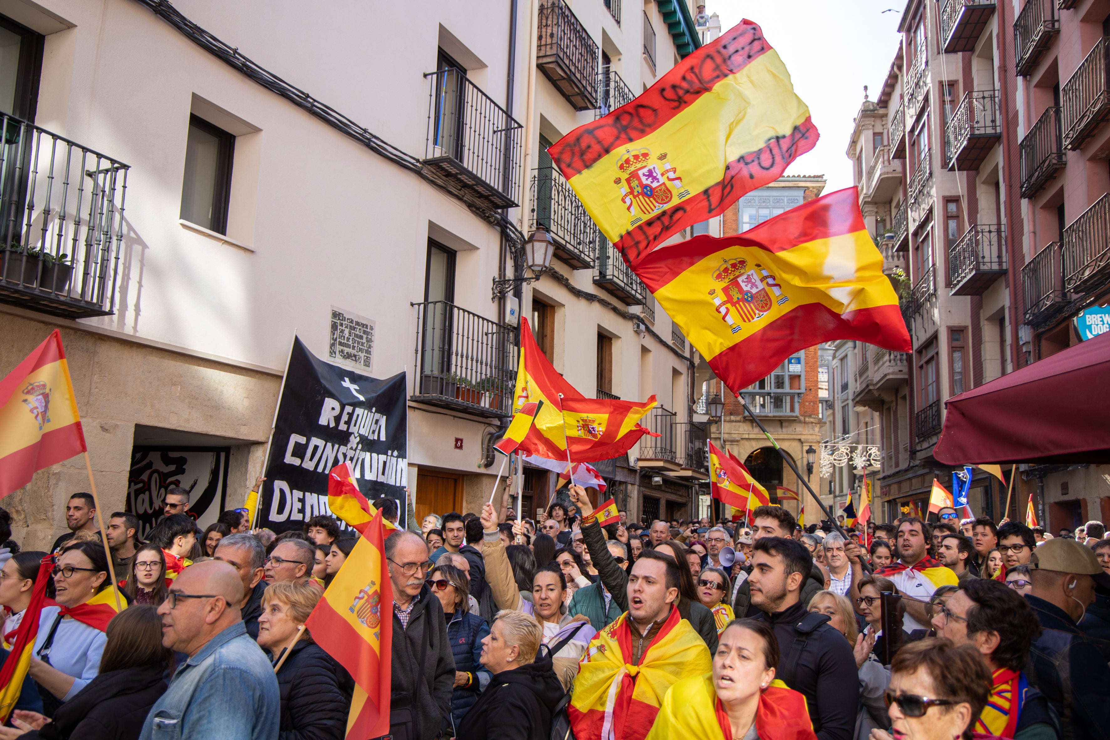 LOGROÑO 12/11/2023.- &quot;España no se vende, España se defiende&quot;, &quot;¡Viva España!&quot; y &quot;España unida jamás será vencida&quot; son algunos de los lemas que han coreado las algo más de medio millar de personas que se han congregado este domingo ante el sede del PSOE de Logroño de forma pacífica, contra la ley de amnistía.-EFE/ Raquel Manzanares
