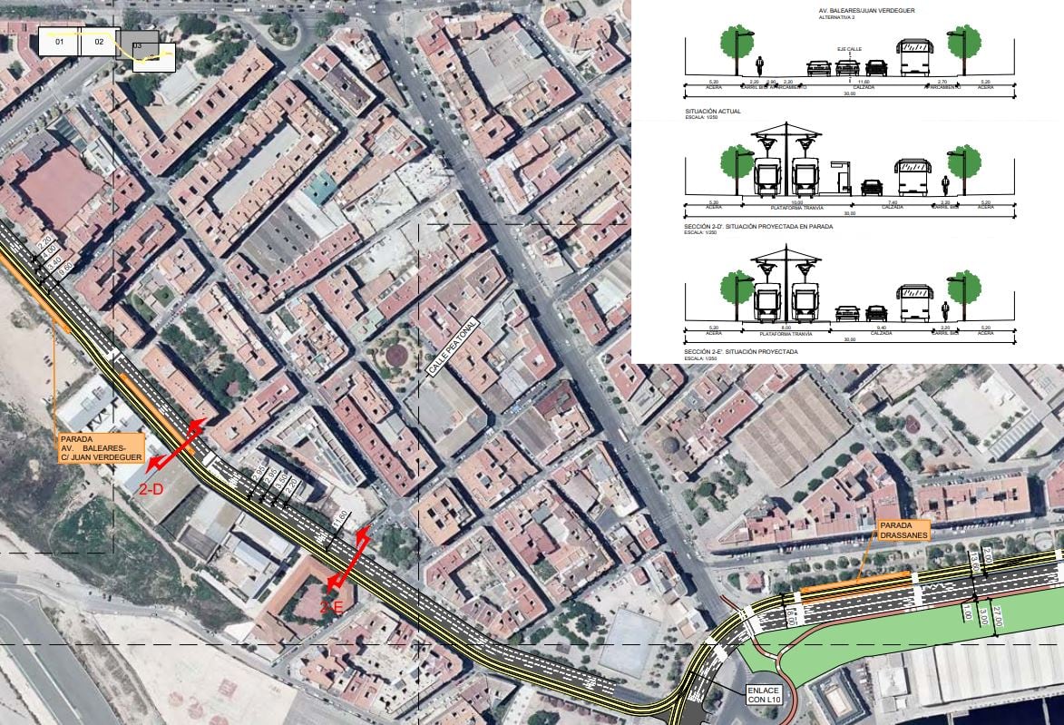 Plano figurado de la propuesta de trazado de la línea 11 del tranvía a su paso por Juan Verdeguer