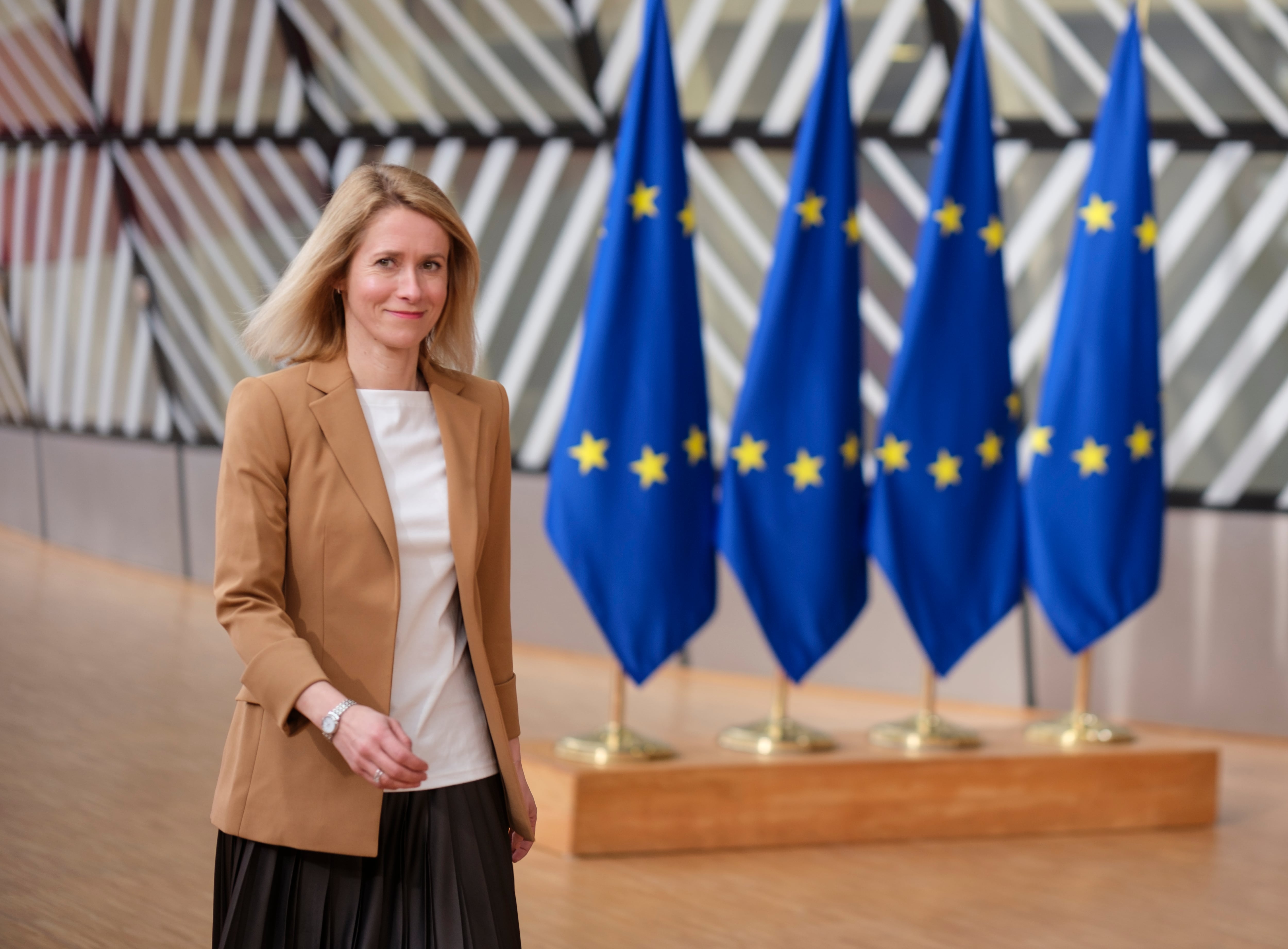 La primera ministra de Estonia, Kaja Kallas, a su llegada a un Consejo Europeo el pasado mes de marzo