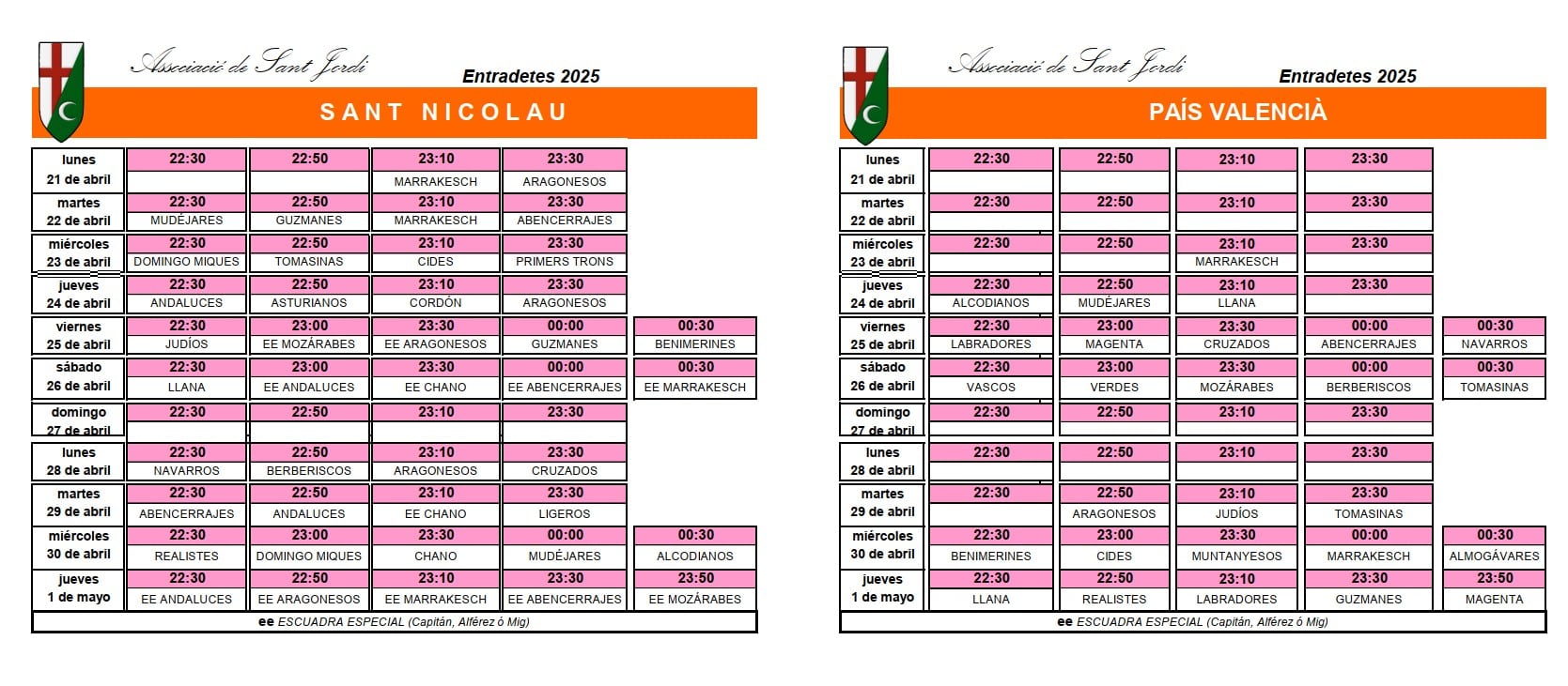 Calendario provisional de las Entradetes de 2025 de las Fiestas de Moros y Cristianos de Alcoy.