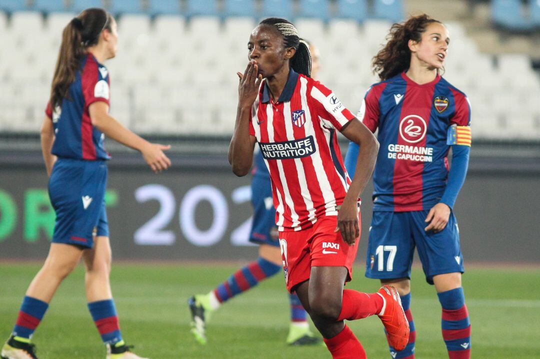 Ajara Nchout Njoya of Atletico de Madrid celebrates a goal during the Supercopa de Espana Femenina, Final match, played between Levante UD and Atletico de Madrid at Municipal de Los Juegos Mediterraneos stadium on January 16, 2021 in Almeria, Spain.