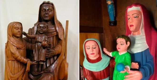 Algunas de las tallas de la ermita de Rañadoiro antes y después de la restauración