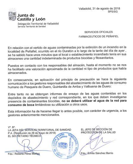 Comunicado emitido por el servicio territorial de Sanidad de la Junta de Castilla y León.