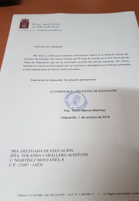 Carta remitida este 1 de octubre a la delegada de Educación desde el Ayuntamiento de Villacarrillo