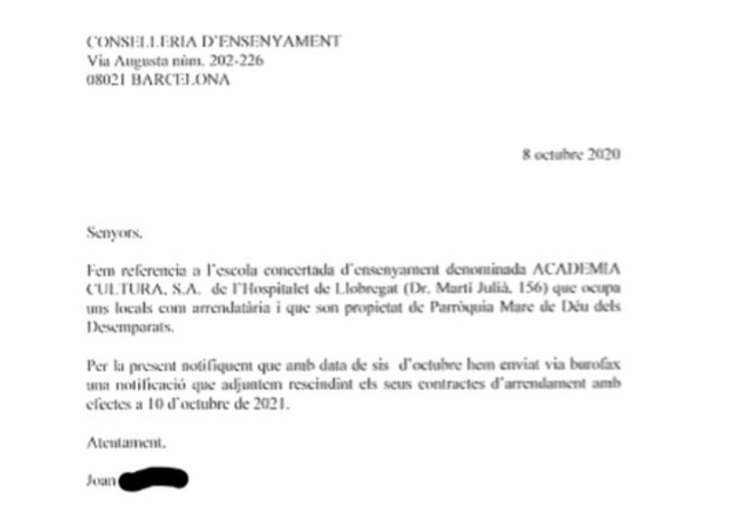 Burofax enviat per l'Arquebisbat de Barcelona al Departament d'Ensenyament