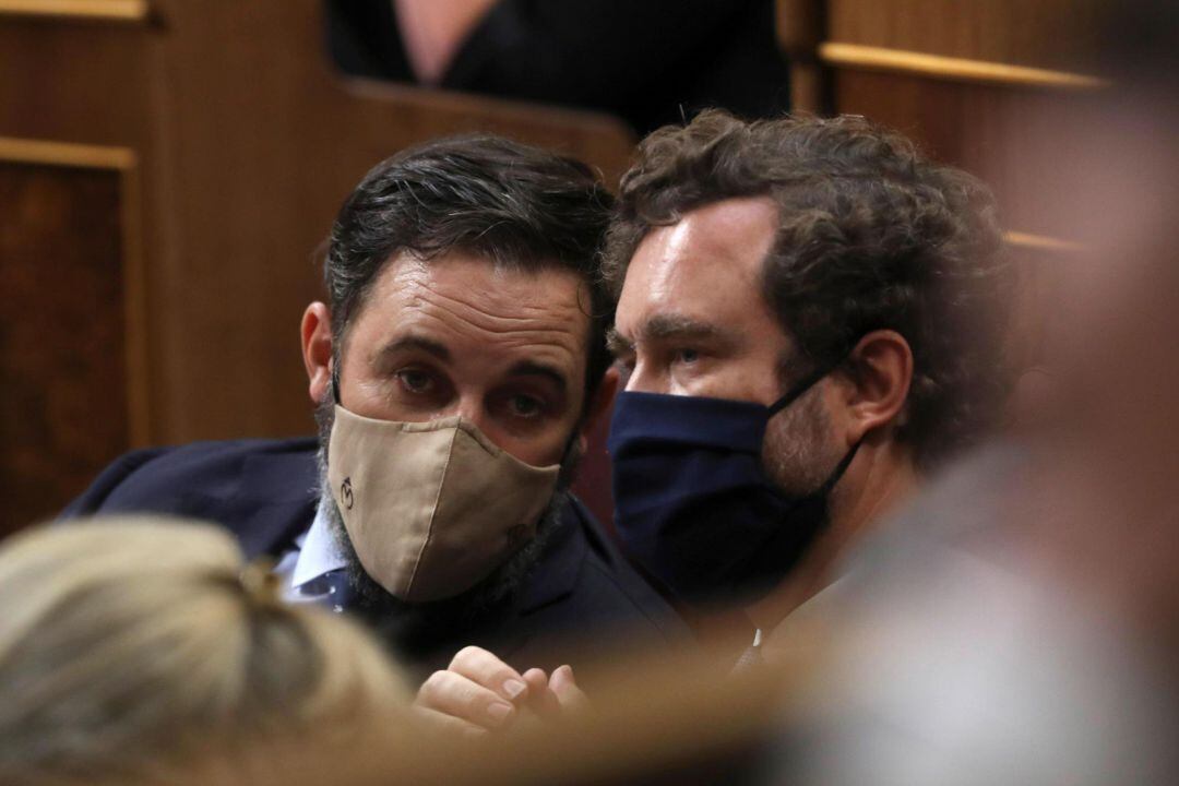 El líder de Vox Santiago Abascal y el portavoz en el Congreso Iván Espinosa de los Monteros, durante el pleno del Congreso de los Diputados celebrado este martes.