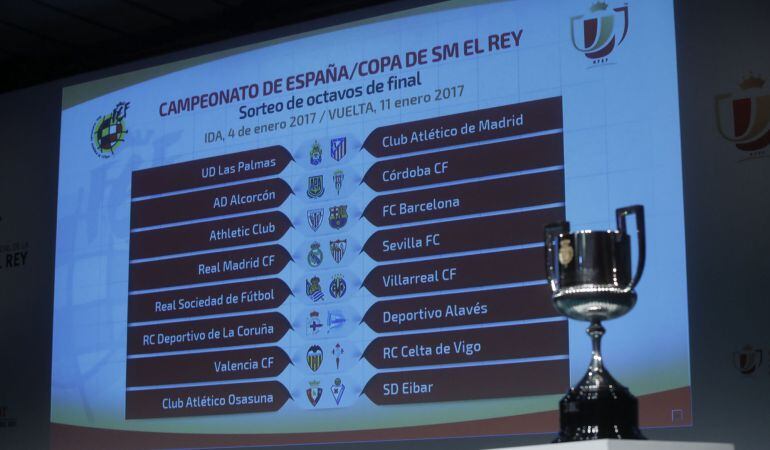 GRA046. MADRID.- Vista de los emparejamientos tras el sorteo de los octavos de final de la Copa del Rey, donde el Real Madrid se enfrentará al Sevilla, y el F.C. Barcelona se medirá al Athletic Club. Por su parte, el Atlético de Madrid se desplazará a las