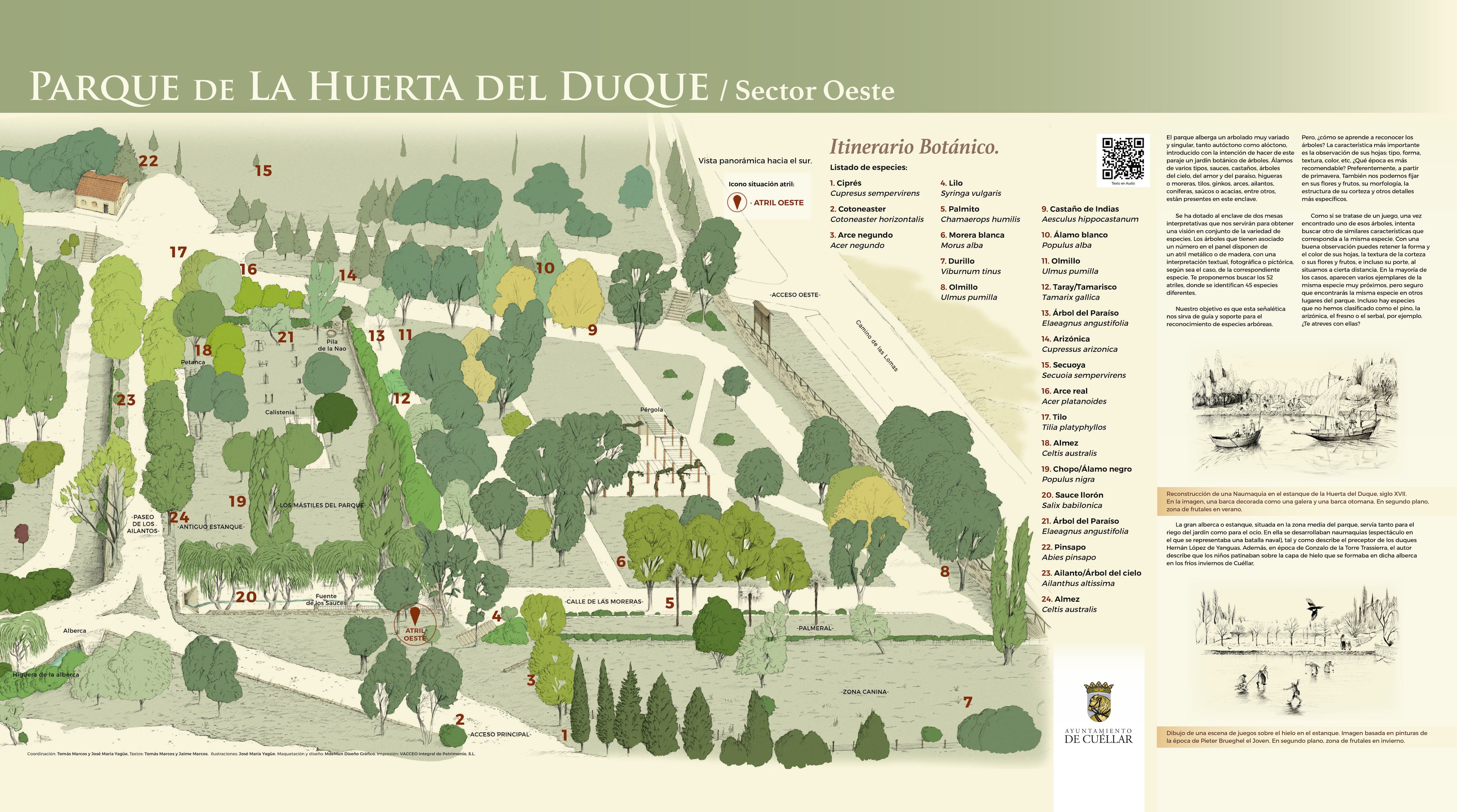 Panel con detalles históricos del Parque de la Huerta del Duque de Cuéllar