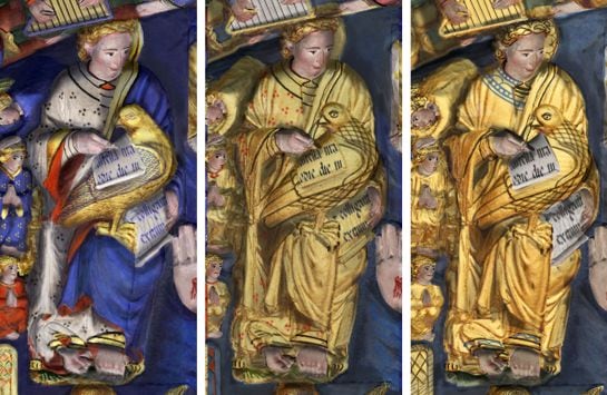 Detalle de las distintas gamas cromáticas que se están recuperando y descubriendo gracias a las obras de conservación del Pórtico de la Gloria.