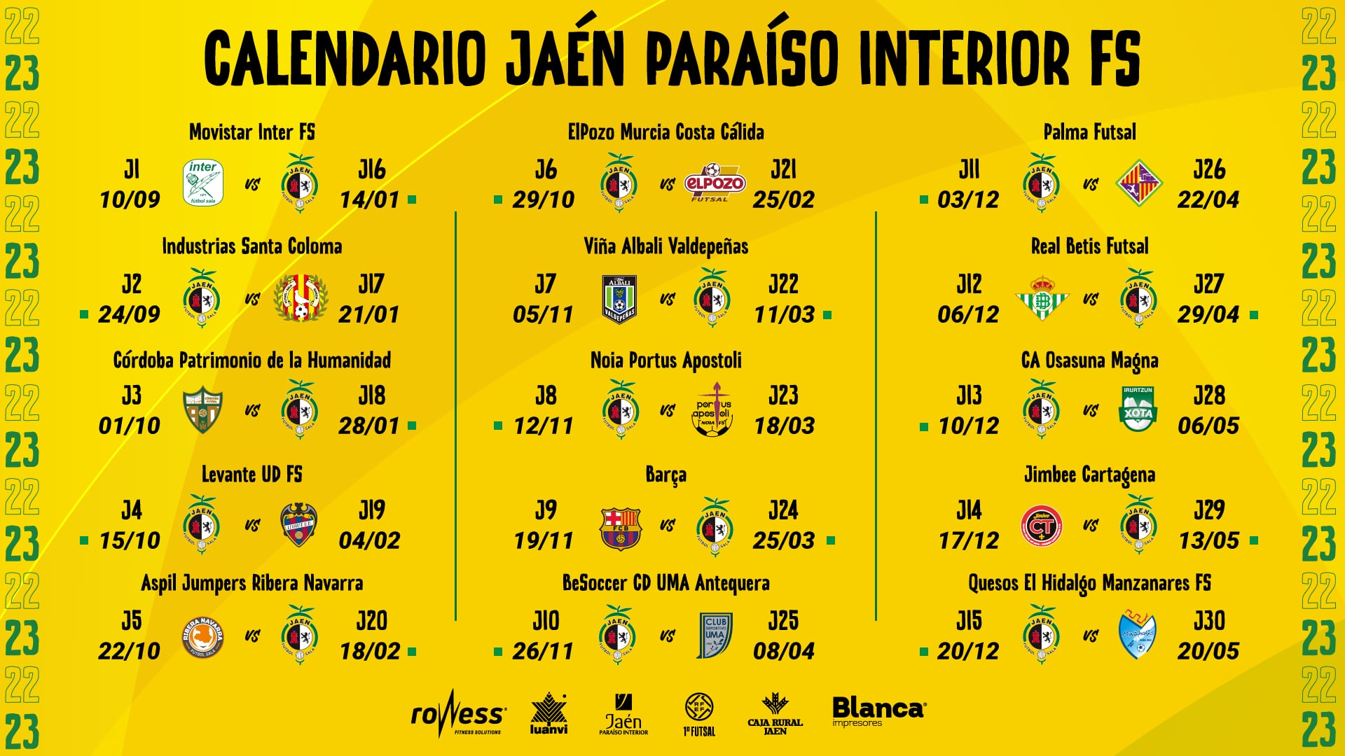 Calendario de liga 22/23 del Jaén Paraíso Interior FS.