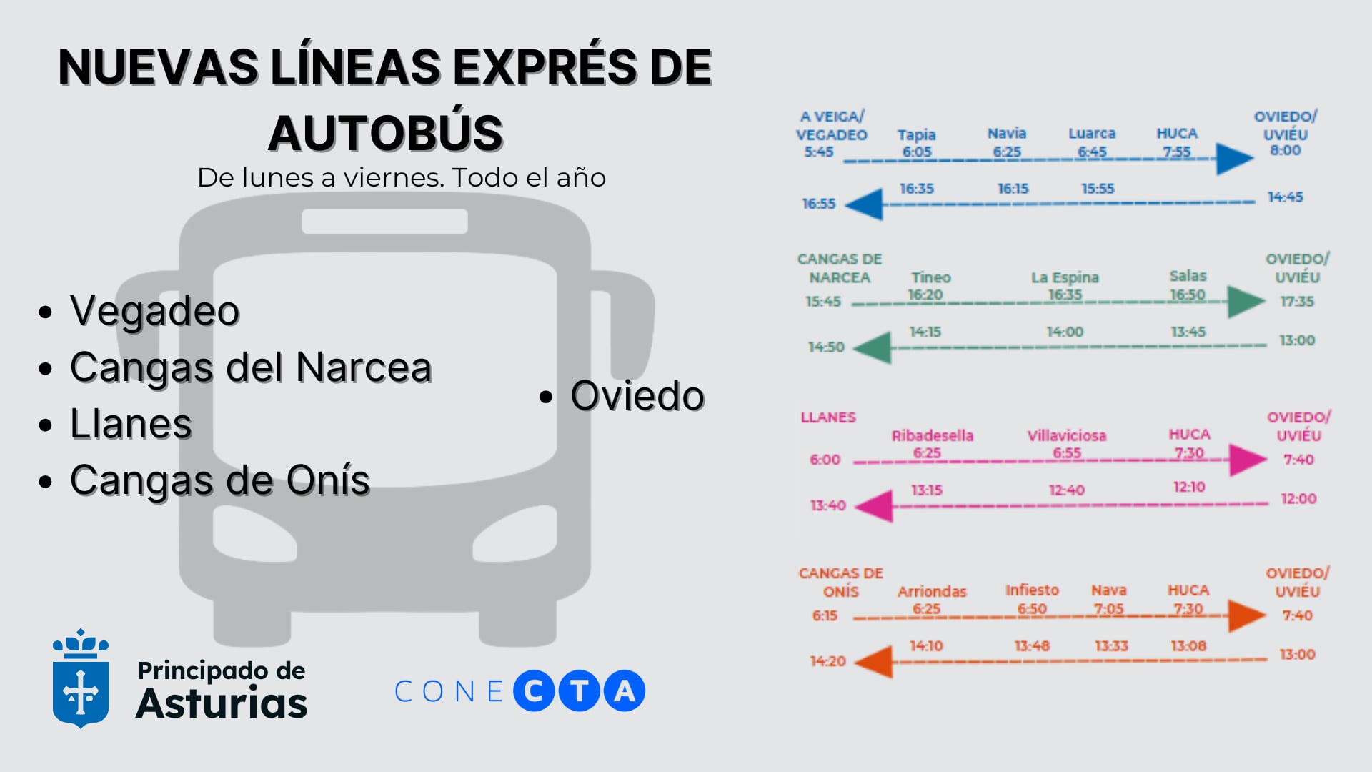 Detalle de los horarios previstos para los nuevos servicios, organizados en cuatro líneas interurbanas.