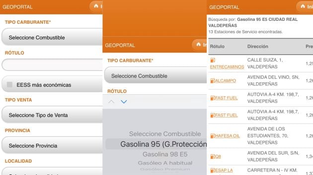 Imagen de los pantallazos de la app que te hará ahorrar en el repostaje de tu vehículo