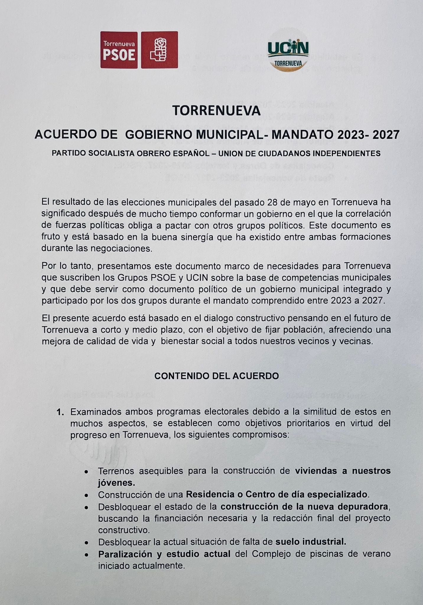 Acuerdo de gobierno en Torrenueva 2023-2027