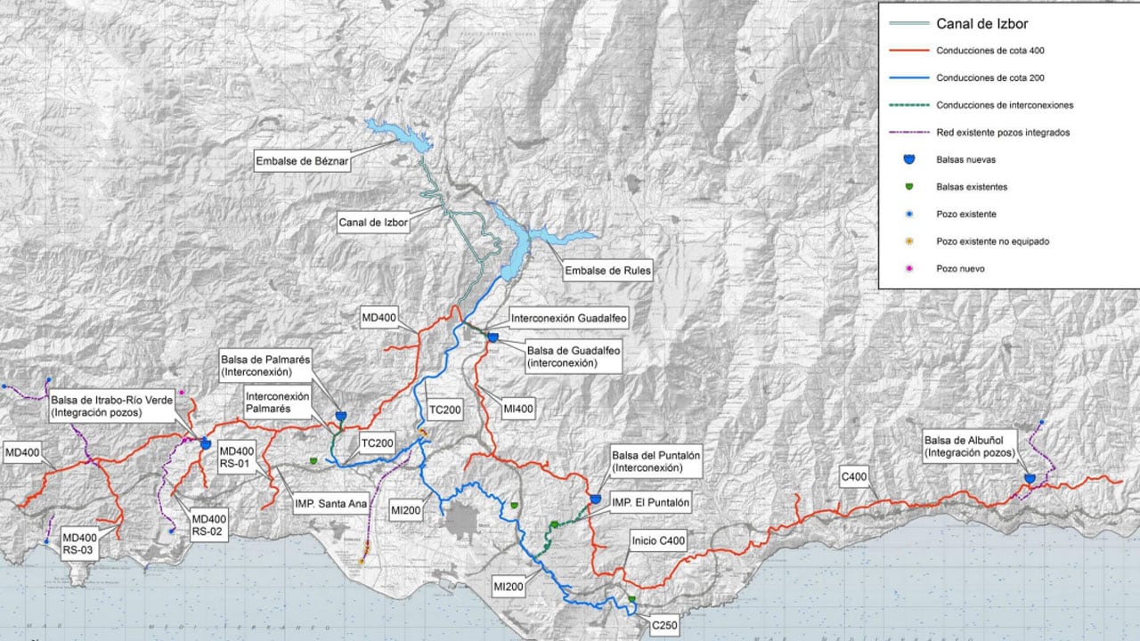 Mapa general del sistema de riegos Béznar-Rules para la Costa Tropical de Granada