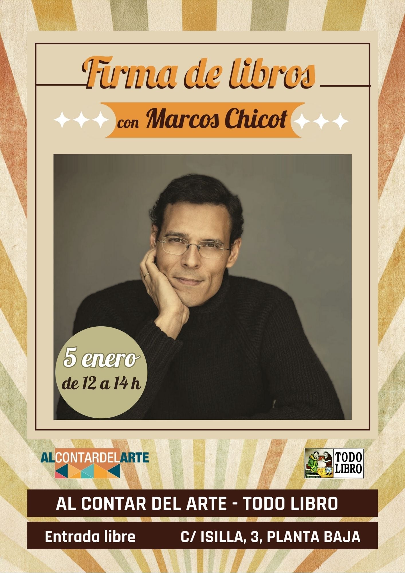 Cartel firma de libros de Marcos Chicot