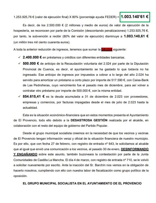 Hoja 2 del escrito que envió el PSOE de El Provencio