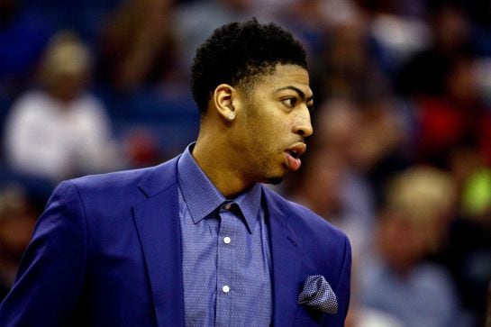 Mar 20, 2016; New Orleans, LA, USA; New Orleans Pelicans forward Anthony Davis out with a left knee injury looks on from the bench during the first quarter of a game against the Los Angeles Clippers at the Smoothie King Center. Mandatory Credit: Derick E.