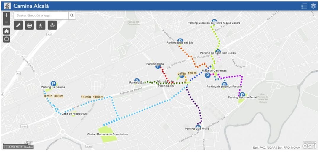 Mapa "Camina Alcalá" con información de servicio sobre los aparcamientos.